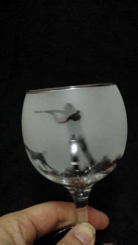 A 360 view of a reverse etched wine glass with wrap around design